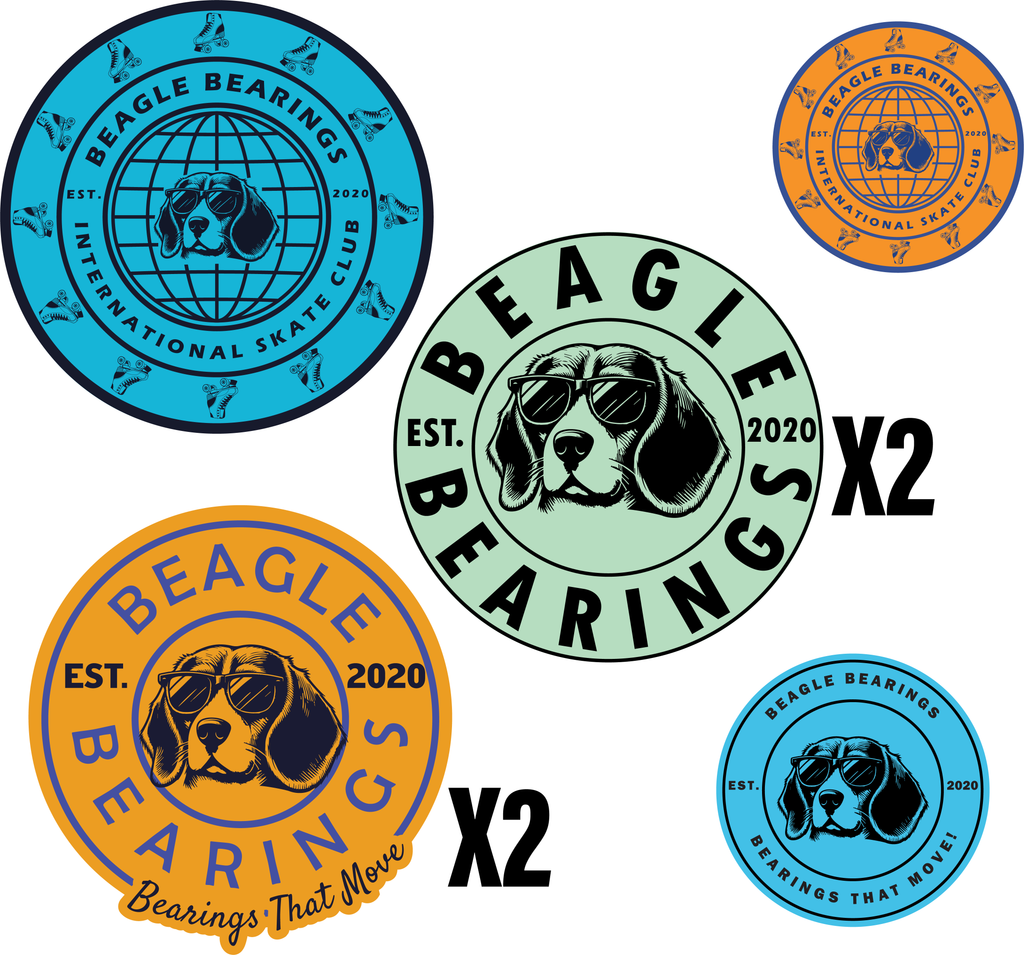 Beagle Bearings 7 Sticker Pack – high-quality roller skate and skateboard brand stickers featuring beagle dog designs in vibrant colors