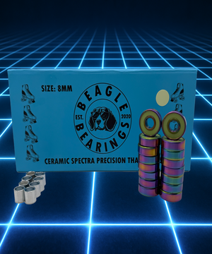 Beagle Bearings Ceramic Spectra 8mm rainbow glow-in-the-dark precision bearings with packaging – high-performance skate bearings for roller skates and inline skates, featured on neon grid background