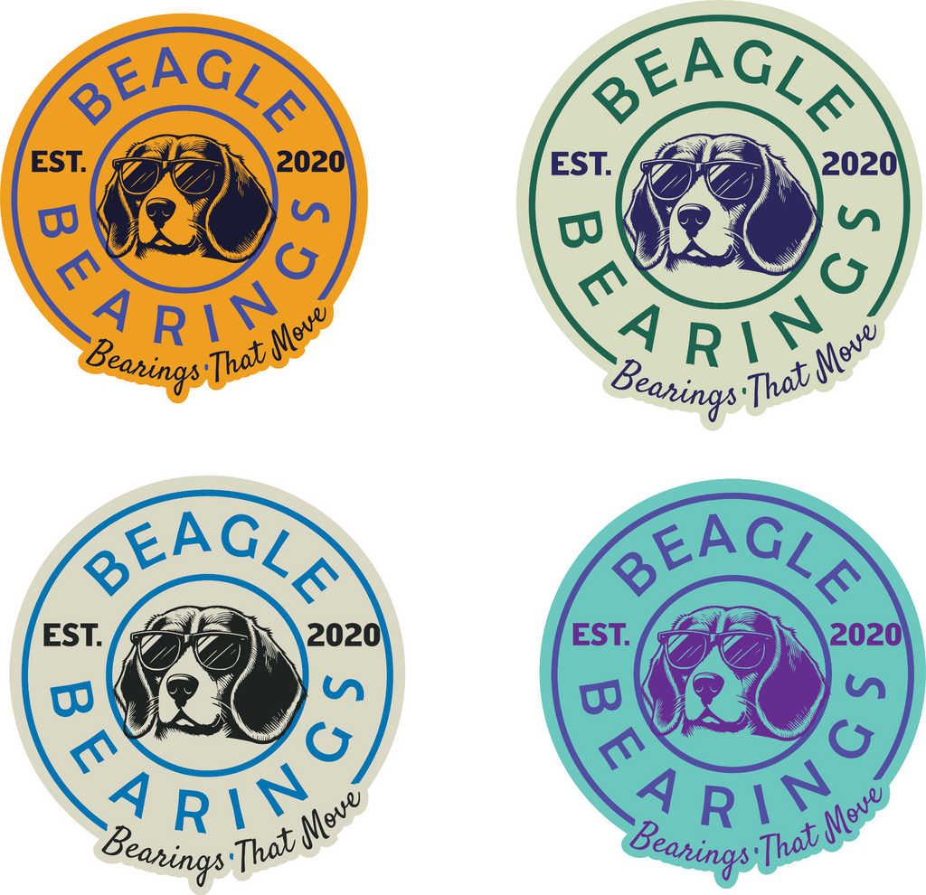 Beagle Bearings OG logo sticker pack featuring four collectible designs: Orange Zoom, Midnight Forest, Ocean Drive, and Purple Pop — round stickers with sunglasses-wearing beagle mascot and Bearings That Move slogan.