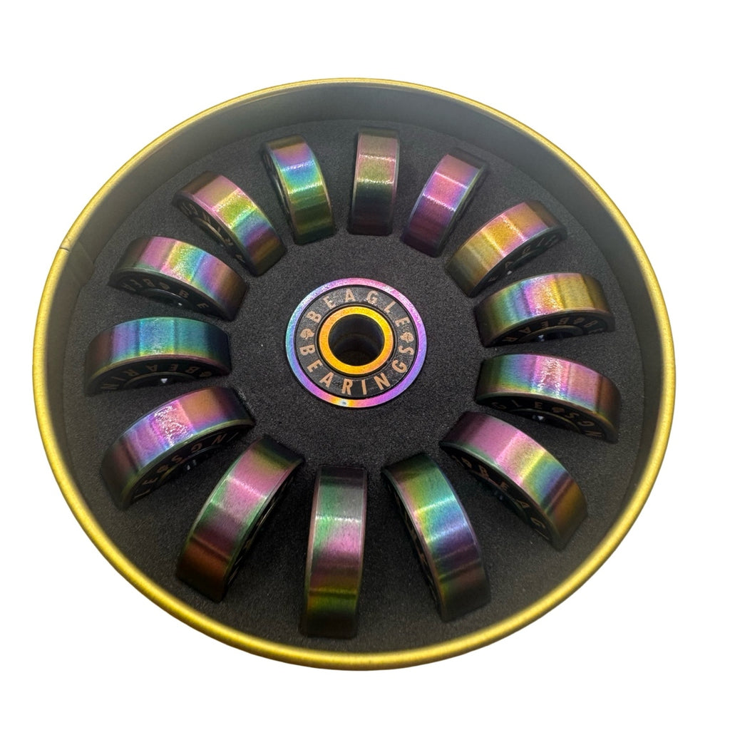Beagle Bearings Tiko 8mm rainbow bearings complete 16-piece set in gold tin packaging