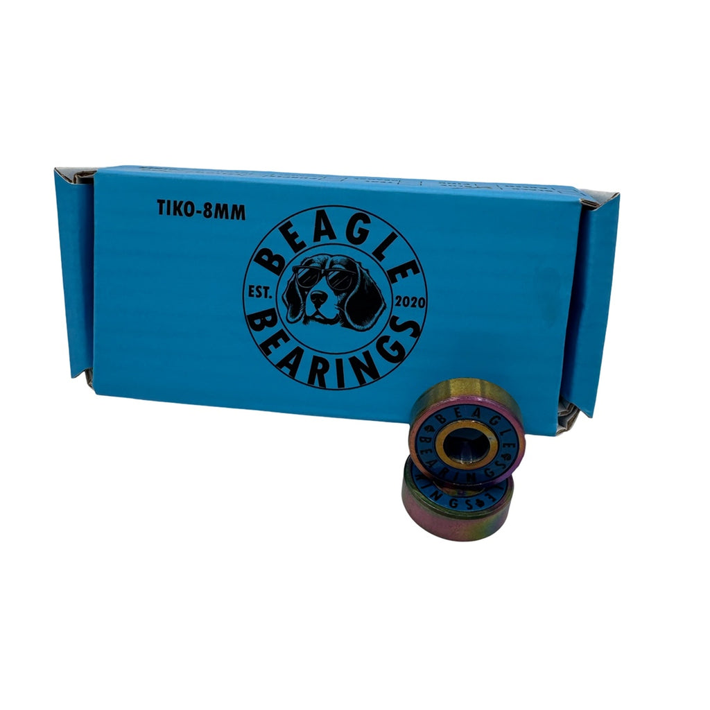 Beagle Bearings Tiko 8mm rainbow bearings with blue retail box packaging