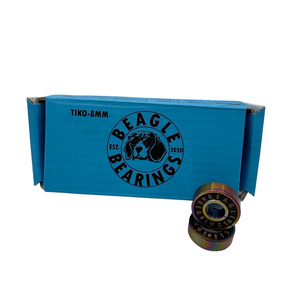 Beagle Bearings Tiko 8mm rainbow skateboard and roller skate bearings with blue retail packaging